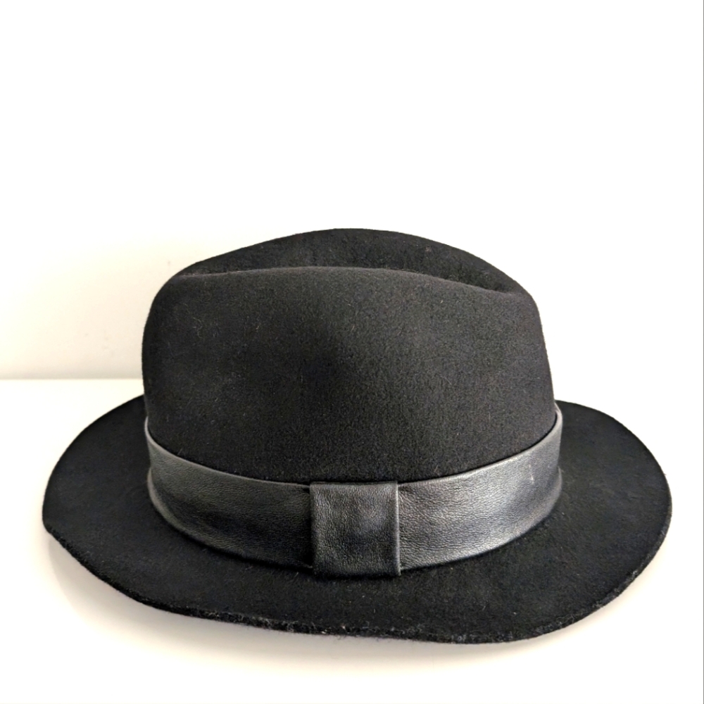 All Saints black wool fedora hat with leather band